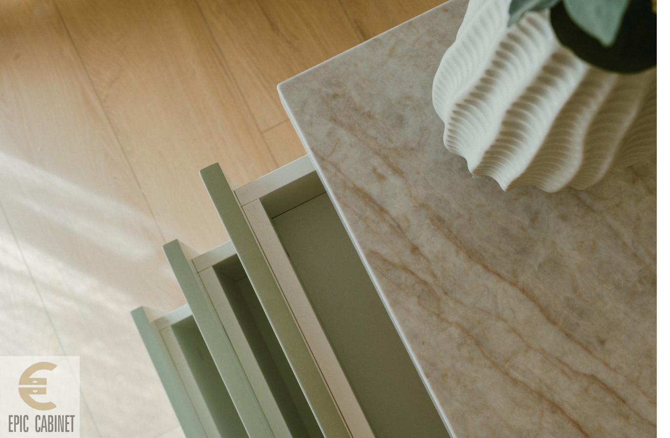 McKinnon kitchen — brushed brass faucet and stone detail